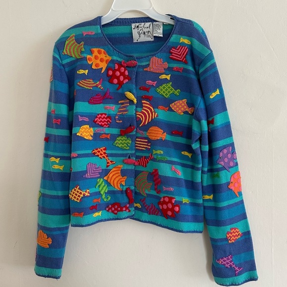 Michael Simon Sweaters - Michael Simon Cardigan Fish Underwater Sweater Size Medium Vintage 90s Appliqué
